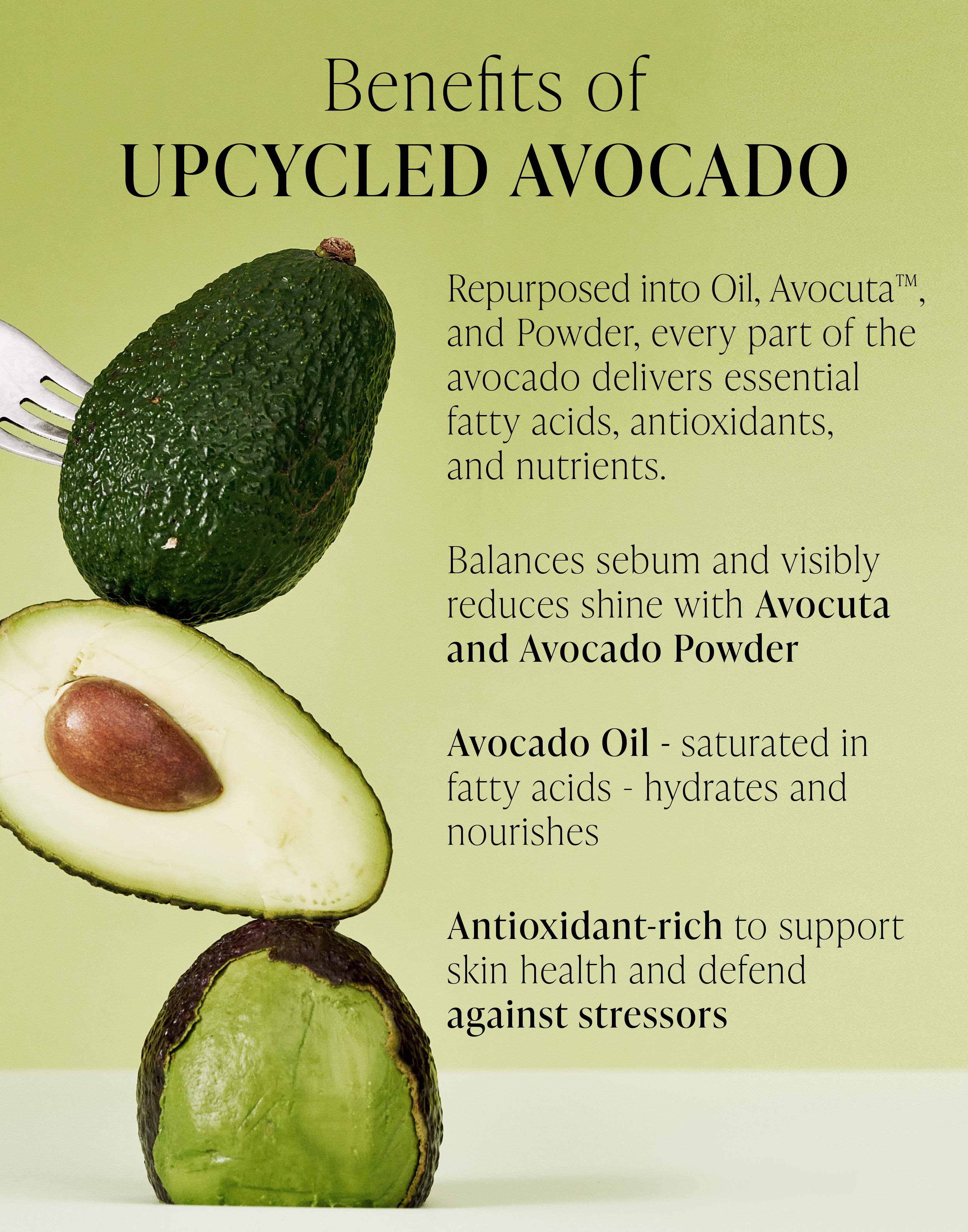 Graphic showcasing a photo of tacked avocados talking about the benefits of Upcycled Avocado
