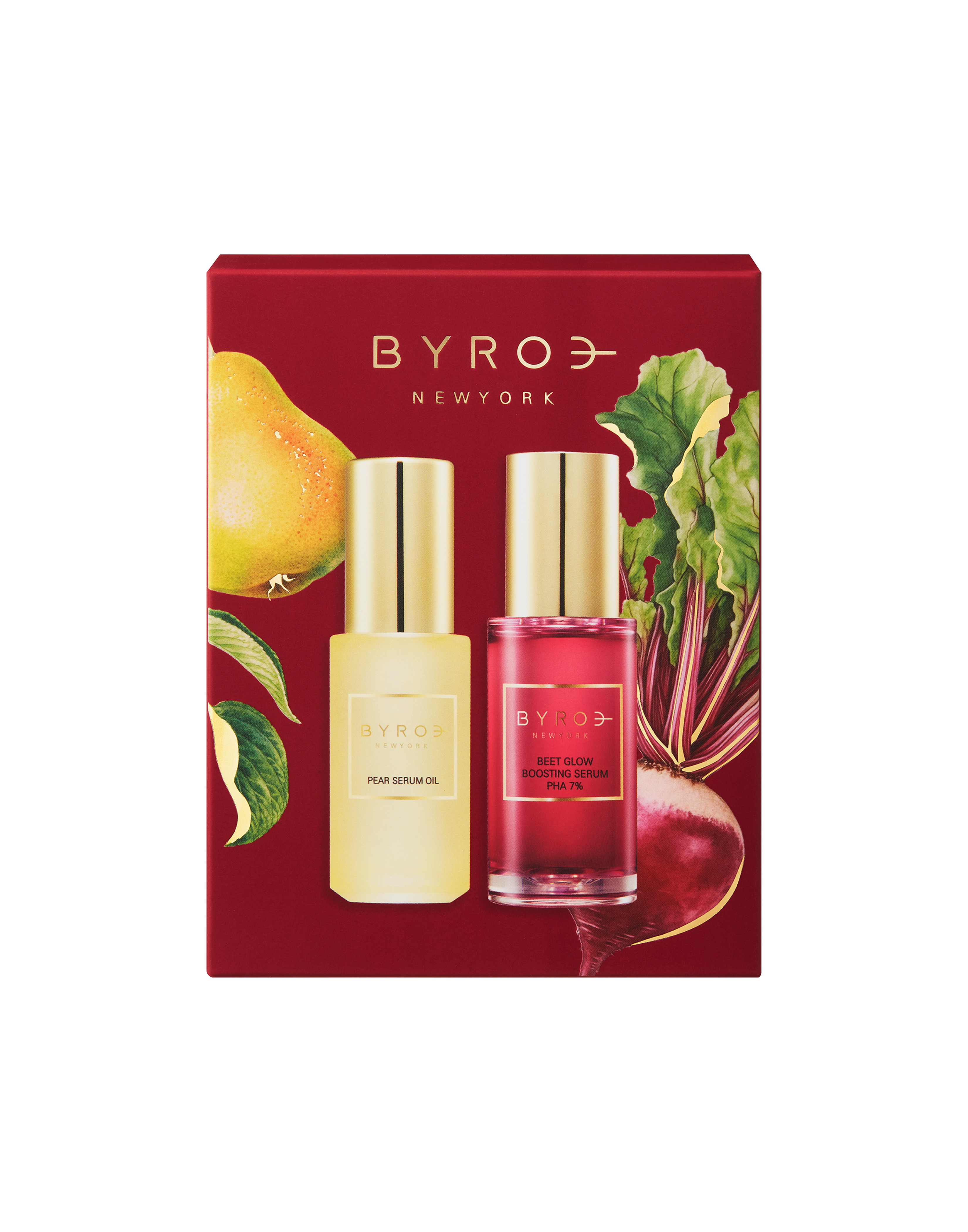 Photo of Glow Duo Holiday Gift Set in a red box featuring Pear Serum Oil and Beet Glow Boosting Serum