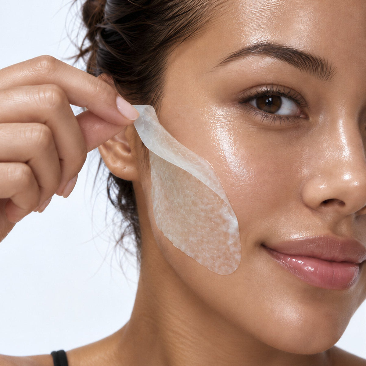 Woman placing a toner pad on her cheek